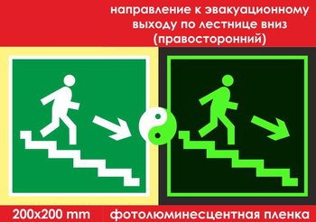 E13 направление к эвакуационному выходу по лестнице вниз (правосторонний) (фотолюминесцентная пленка, 200х200 мм) - Знаки безопасности - Фотолюминесцентные знаки - Информационные стенды, перекидные системы. Магазин охраны труда shopstend.ru