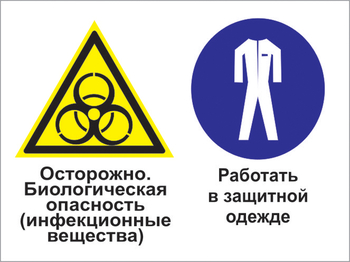 Кз 72 осторожно - биологическая опасность (инфекционные вещества). работать в защитной одежде. (пластик, 400х300 мм) - Знаки безопасности - Комбинированные знаки безопасности - Информационные стенды, перекидные системы